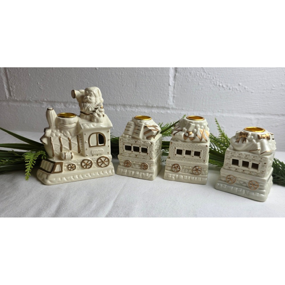 Vintage Ceramic Christmas Santa Train Candle Holder Set 4 Piece Cream Gold Trim